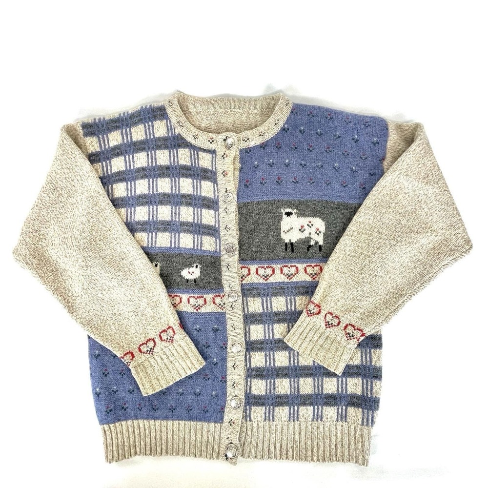 Vintage Eddie Bauer Sheep Patchwork Wool Cardigan Sweater Women's M - Picture 4 of 12